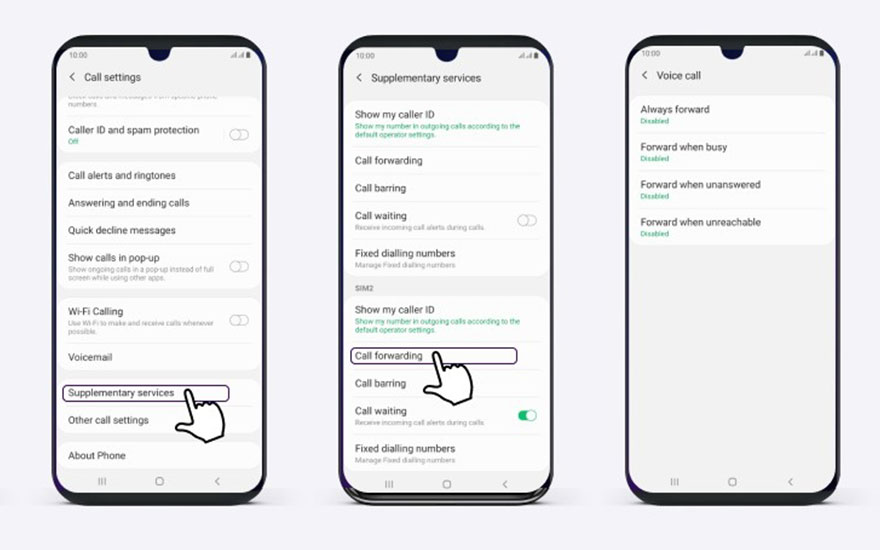 Drie telefoonschermen tonen instellingen voor oproepen, doorschakelen en voicemail, met een hand die opties selecteert.