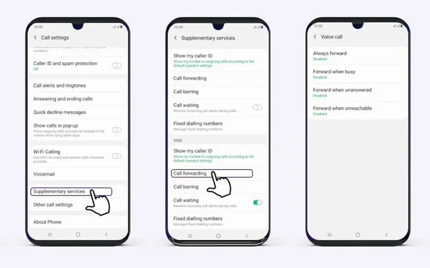 Drie telefoonschermen tonen instellingen voor oproepen, doorschakelen en voicemail, met een hand die opties selecteert.