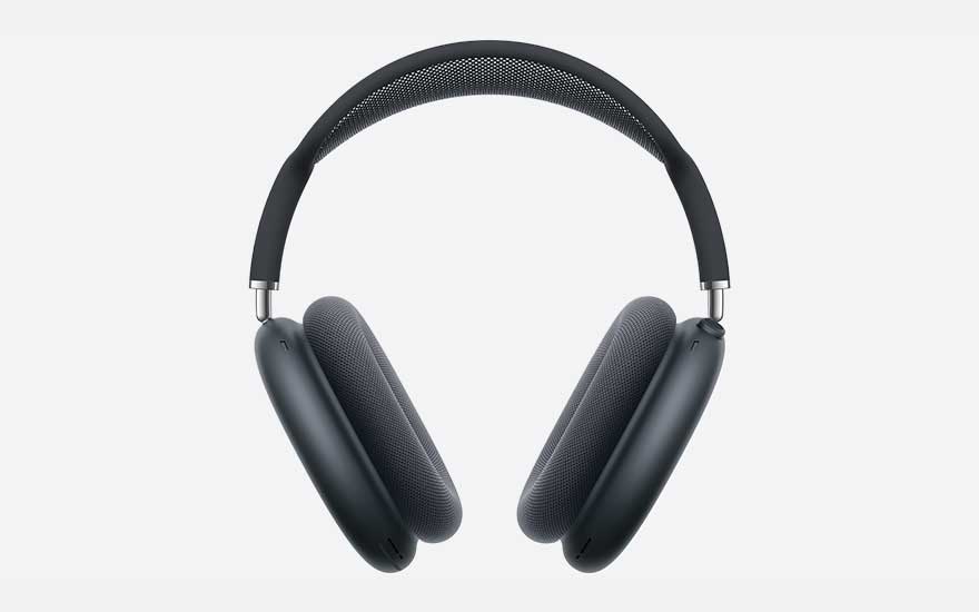 Donkergrijze Apple AirPods Max koptelefoon met over-ear design, mesh hoofdband, grote oorkussens en premium aluminium afwerking. Luxe model.