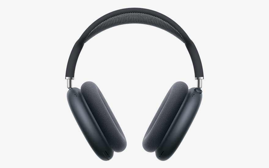 Een donkergrijze over‑ear koptelefoon met brede, gewatteerde hoofdband en ovale oorkussens staat rechtop afgebeeld tegen een lichte achtergrond.