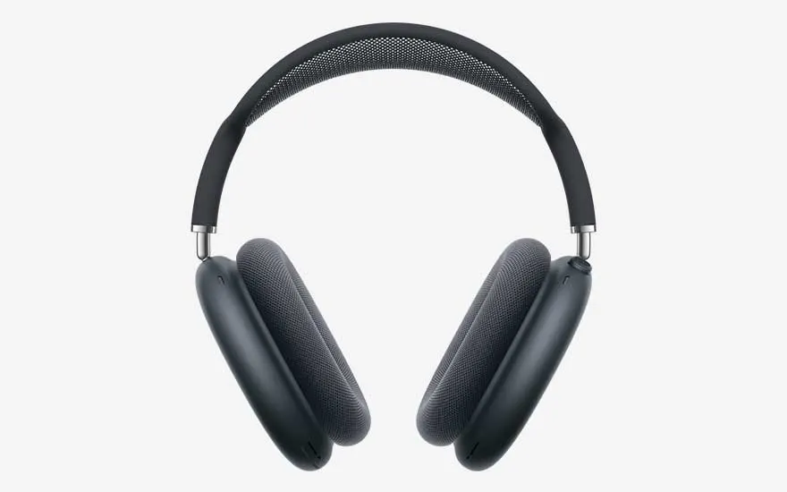 Een donkergrijze over‑ear koptelefoon met brede, gewatteerde hoofdband en ovale oorkussens staat rechtop afgebeeld tegen een lichte achtergrond.