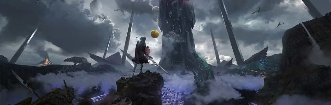 Un paysage sombre et apocalyptique avec une tour mystérieuse émettant une lumière rouge. Des structures brisées et des débris parsèment le sol.