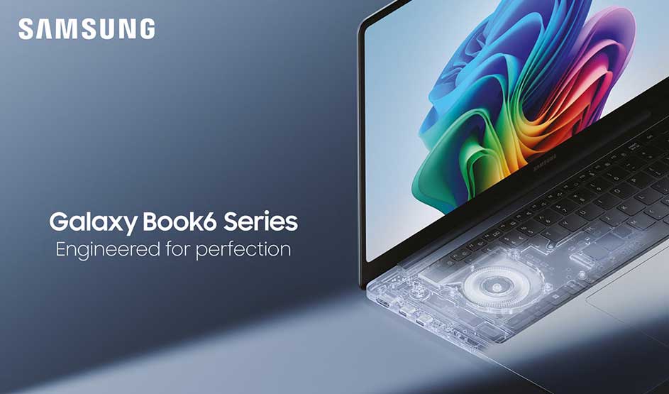 Open Galaxy Book6 laptop with vivid display, showing a transparent overlay that reveals powerful internal components and cooling.