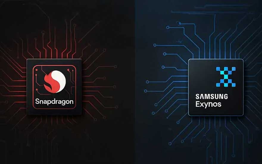 Snapdragon- en Samsung Exynos-chips verschijnen naast elkaar op een donkere printplaat, met rode en blauwe circuitlijnen.