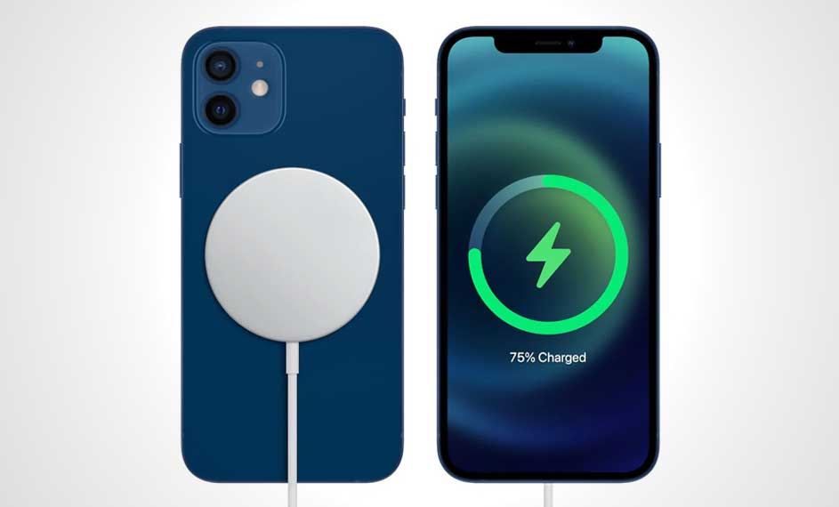 Deux iPhones bleus sur fond blanc. L'un charge à 75% avec un symbole d'éclair vert. L'autre a un chargeur blanc.