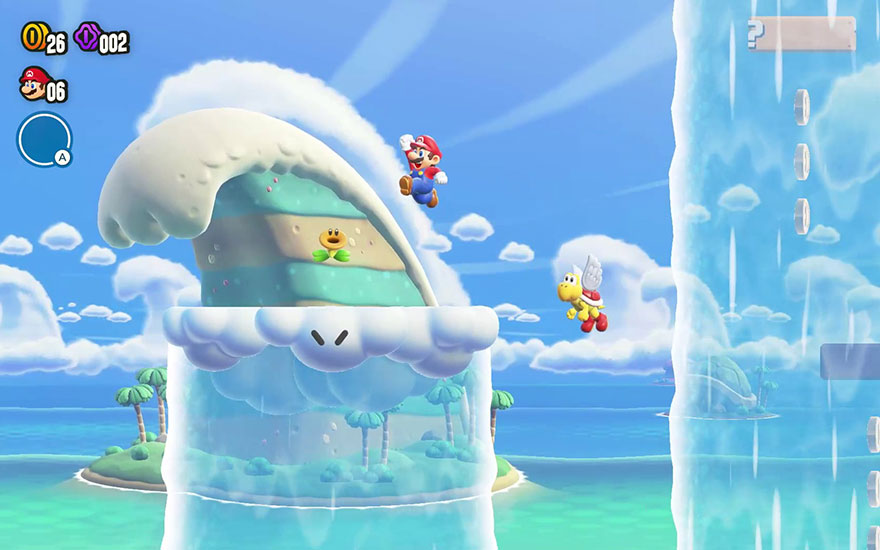 Gameplay Super Mario dans un monde nuageux de rêve avec Mario sautant entre des plateformes blanches et des Koopa Troopa jaunes.