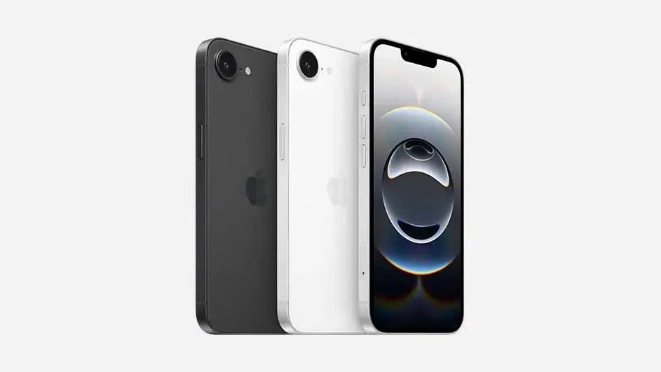 Three Apple iPhones displayed: black and white backs with single cameras, plus a front view showing a glossy orb wallpaper and a small notch.