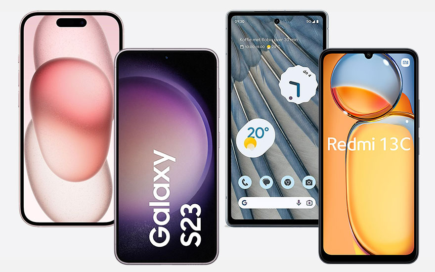 Quatre smartphones : un avec un fond rose, un Galaxy S23 violet, un Google avec une interface et un Redmi 13C orange.