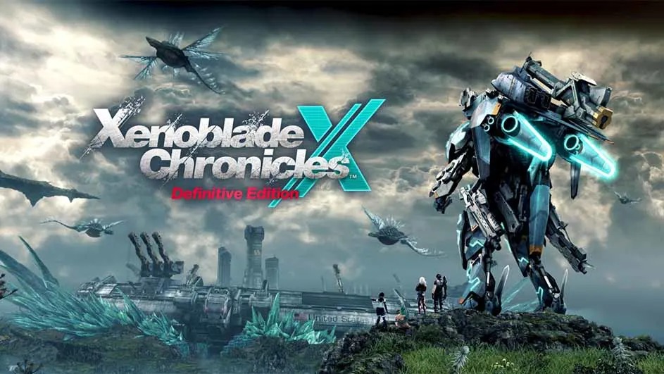 Affiche du jeu vidéo Xenoblade Chronicles X avec un robot, des oiseaux et des bâtiments futuristes sur fond nuageux.