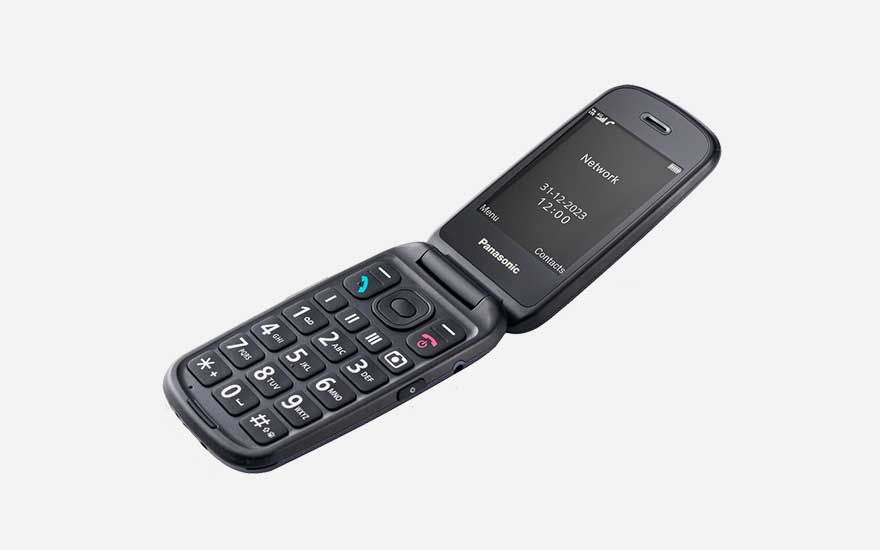 Téléphone à clapet Panasonic avec écran noir, clavier numérique et design traditionnel 
