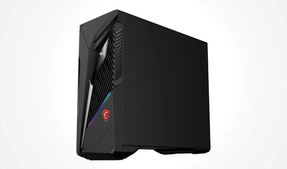 A sleek black PC tower with an angular front, vented grille and a subtle RGB strip, photographed against a white background.