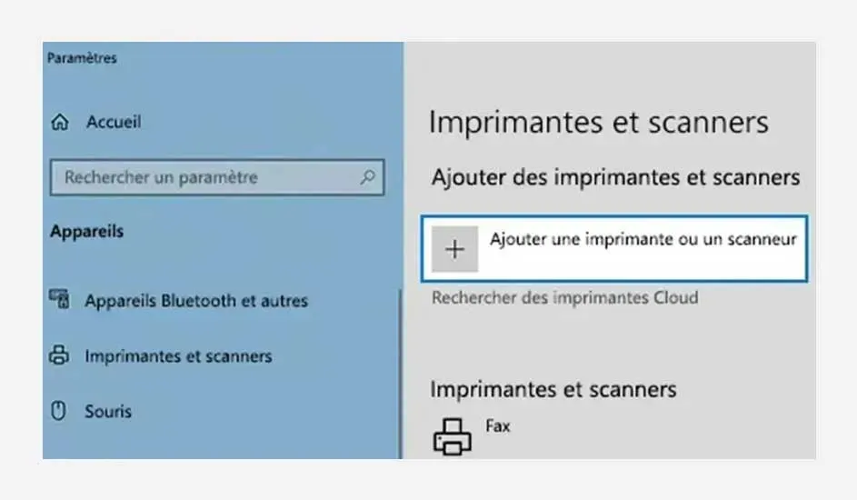 Interface de paramètres Windows affichant les options "Imprimantes et scanners" avec "Ajouter une imprimante ou un scanneur".