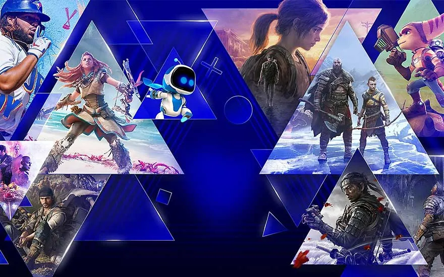 Divers triangles bleus présentent des personnages de jeux vidéo sur un fond bleu foncé.