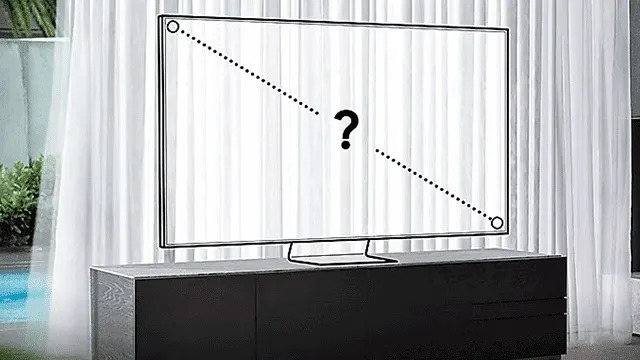 Sketch of a TV on a cabinet, dotted diagonal line and question mark highlighting the unknown screen diagonal.