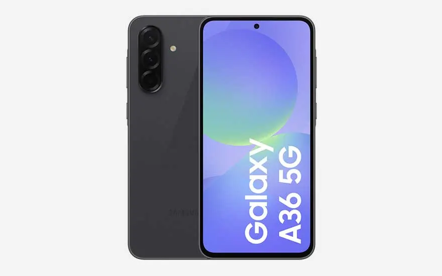 Zwarte Samsung Galaxy A36 5G smartphone met drievoudige camera en paars-blauw kleurverloop scherm op witte achtergrond.