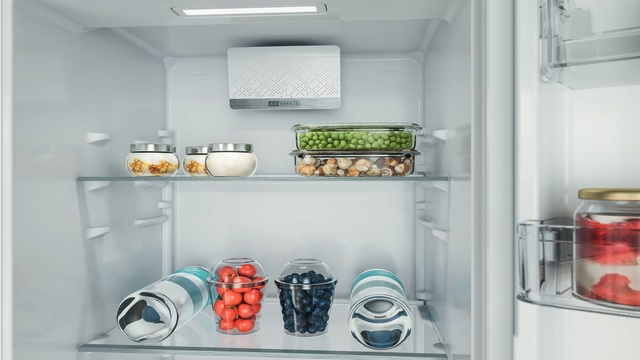 Imagen de un frigorífico con alimentos en el interior, iluminado por una luz LED.