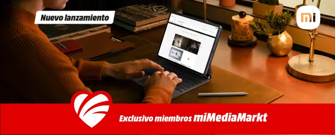 Banner -15% miMediaMarkt: tablet Xiaomi Pad 8 en gris oscuro junto a logotipo rojo de MediaMarkt.