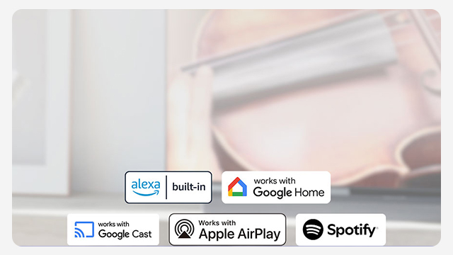Logos de Alexa, Google Home, Google Cast, Apple AirPlay y Spotify; indica compatibilidad con asistentes y servicios de música.