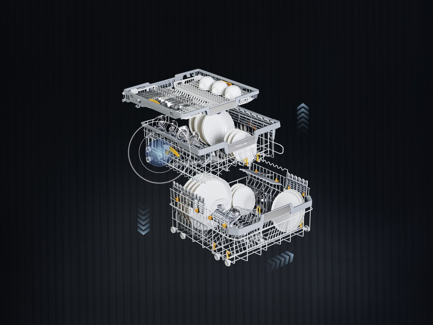 Lavavajillas abierto con tres cestas metálicas llenas de platos y cubiertos blancos sobre un fondo negro punteado.