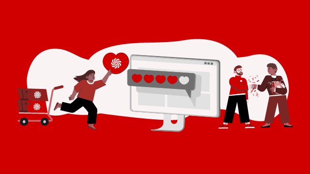 Escena roja con gente, monitor, corazones y un carrito con cajas. Una mujer corre con un corazón, dos hombres conversan.