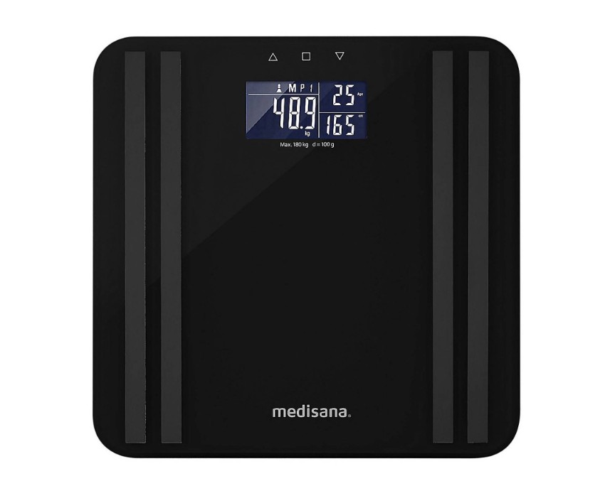 Báscula digital negra Medisana con pantalla LCD iluminada y mediciones visibles.