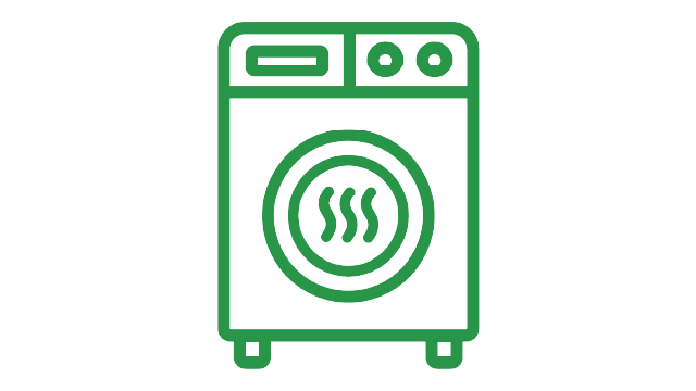 Esquema verde de una secadora con un panel superior con rectángulos y círculos. En el centro, un círculo con tres líneas onduladas.