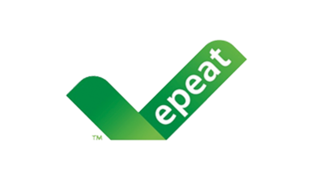 Un logotipo verde de "epeat" inclinado hacia arriba a la derecha, formando una marca de verificación.
