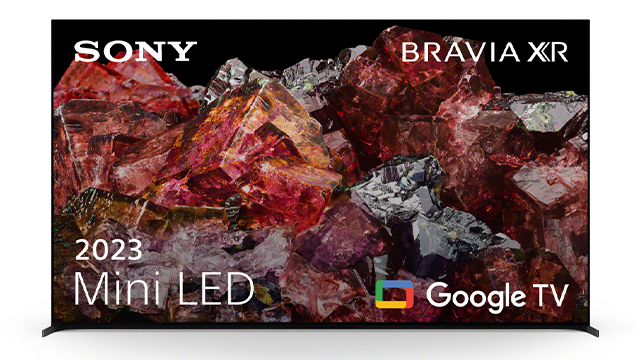 Televisor Sony Bravia XR con pantalla de cristales rojos y grises. Logotipos de Sony, Bravia XR y Google TV visibles.