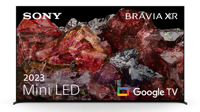 Televisor Sony Bravia XR con pantalla de cristales rojos y grises. Logotipos de Sony, Bravia XR y Google TV visibles.