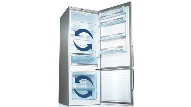 Infografía que muestra un frigorífico combi abierto con flechas en el refrigerador y el congelador simulando dos flujos de aire independientes