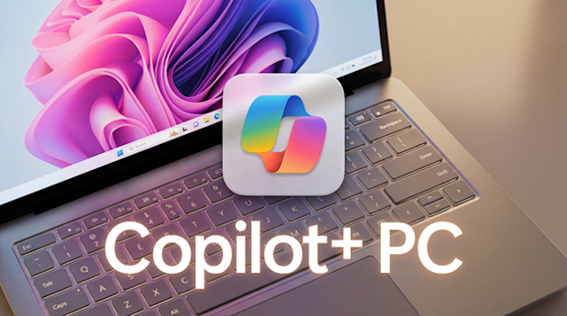 Imagen de un portátil abierto con el logo de Copilot y el texto "Copilot+ PC".