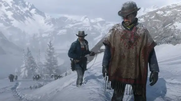 Dos vaqueros caminan en la nieve entre montañas.