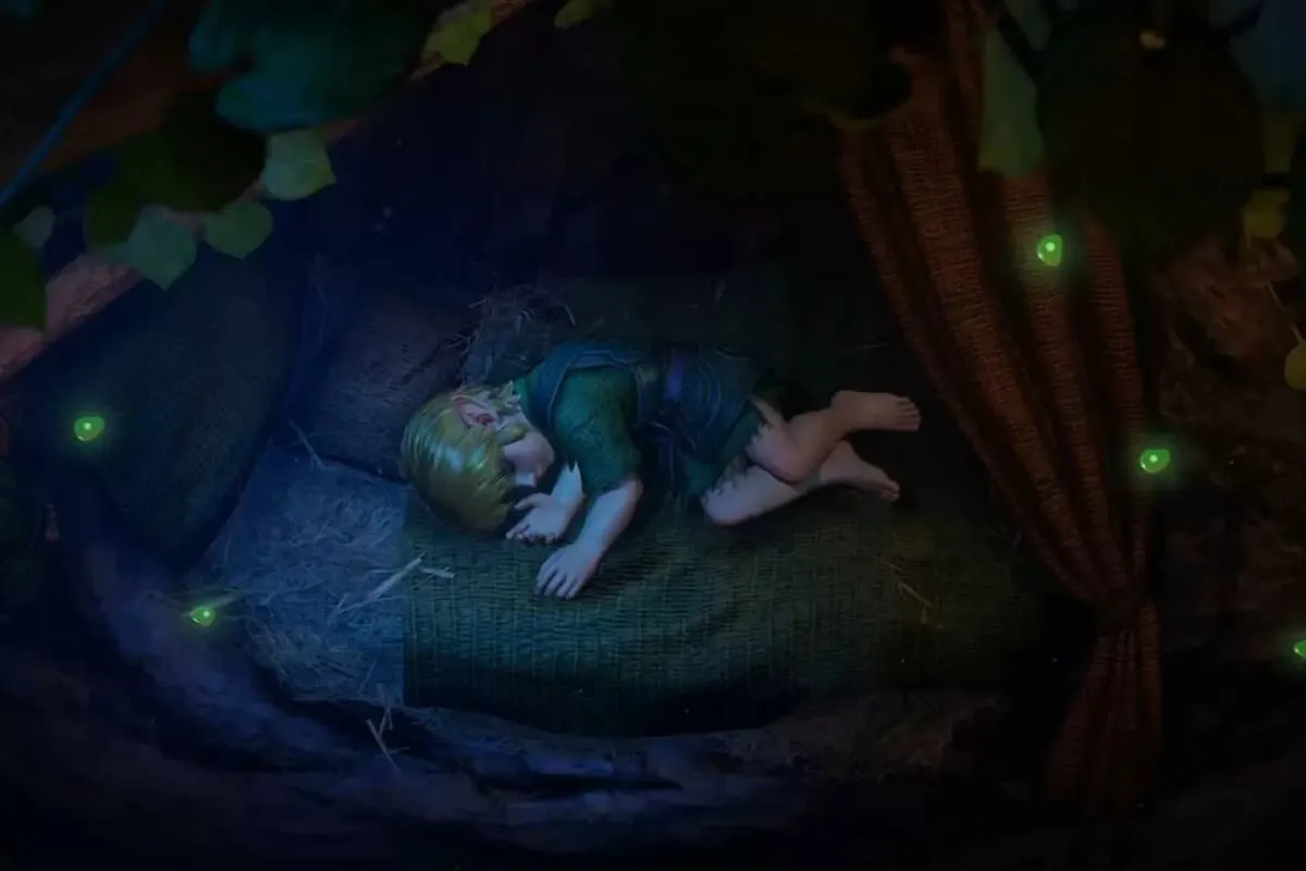 Zelda durmiendo en un nido de hojas rodeado de luciérnagas en un bosque nocturno