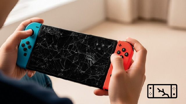 Manos sostienen consola con pantalla rota. El mando izquierdo es azul y el derecho, rojo. De fondo una habitación.