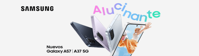 Cuatro smartphones Samsung Galaxy A en distintos colores junto al texto ‘Alucinante’; en uno aparece una persona saliendo de la pantalla
