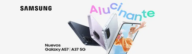 Cuatro smartphones Samsung Galaxy A en distintos colores junto al texto ‘Alucinante’; en uno aparece una persona saliendo de la pantalla