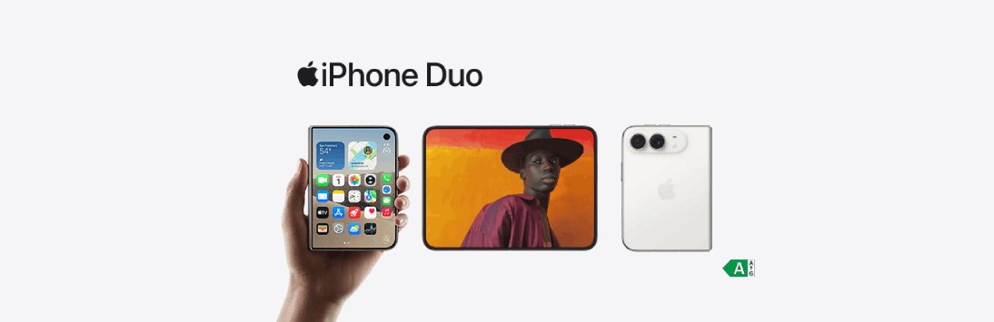 Mano sosteniendo un iPhone y otro dispositivo Apple junto al texto «iPhone Duo» sobre fondo gris claro.