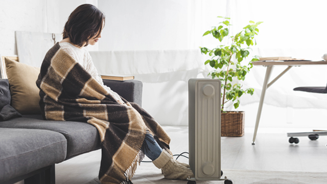 Mujer sentada en sofá gris con manta a cuadros, cerca de calentador eléctrico. Mesa, planta y cojines en el fondo.
