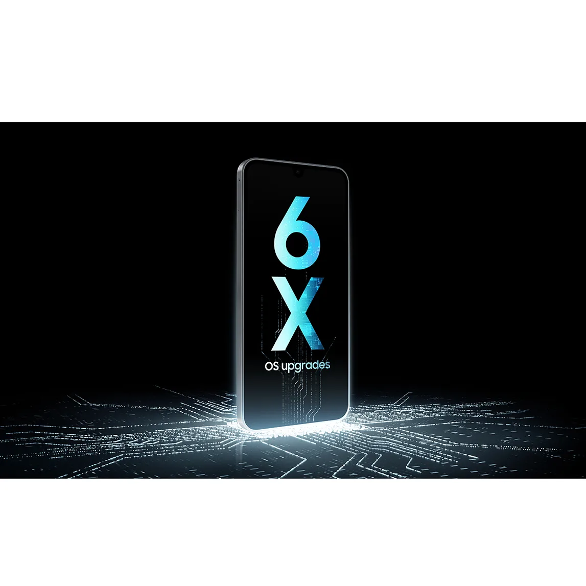 A17 5G sobre fondo negro con texto en pantalla que destaca seis actualizaciones del sistema operativo.