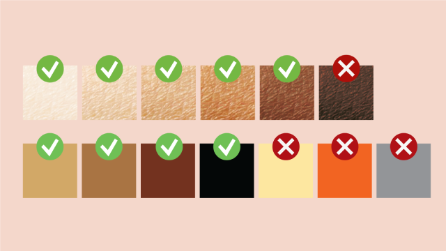 Muestras de colores con marcas de verificación verdes y cruces rojas sobre un fondo melocotón.