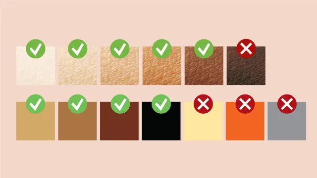 Muestras de colores con marcas de verificación verdes y cruces rojas sobre un fondo melocotón.