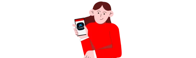 Mujer con camisa roja sostiene un teléfono móvil con un logo azul y blanco en la pantalla. Fondo blanco.