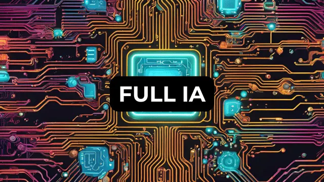 Fondo negro con circuitos dorados y morados. En el centro, un cuadrado azul brillante con texto "FULL IA" en negro.