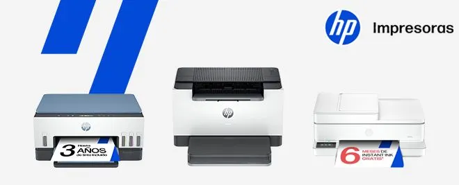 Tres impresoras HP, dos blancas y una gris, alineadas sobre fondo blanco con elementos gráficos azules