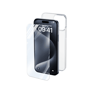 Se muestra un smartphone con un protector de pantalla y una funda transparente, ambos accesorios sobrepuestos.