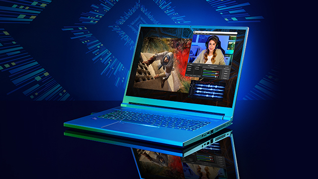 Portátil azul con reflejo, muestra videojuego y streamer. Texto blanco: "Potencia tu imaginación" sobre fondo azul con líneas digitales.