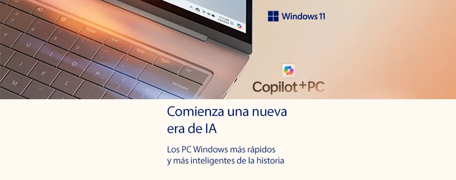 Teclado gris de portátil con pantalla. Logotipos de Windows 11 y Copilot+PC sobre fondo naranja degradado y texto azul.