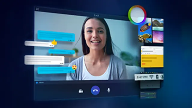 Pantalla mostrando videollamada con mujer sonriendo, notificaciones y chat con burbujas azules y blancas. Iconos de llamada en la parte inferior.