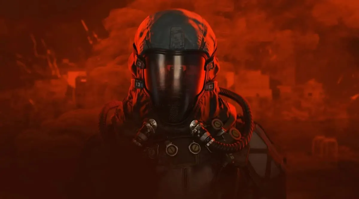 Soldado futurista con casco y máscara respiratoria rodeado de humo rojo intenso.