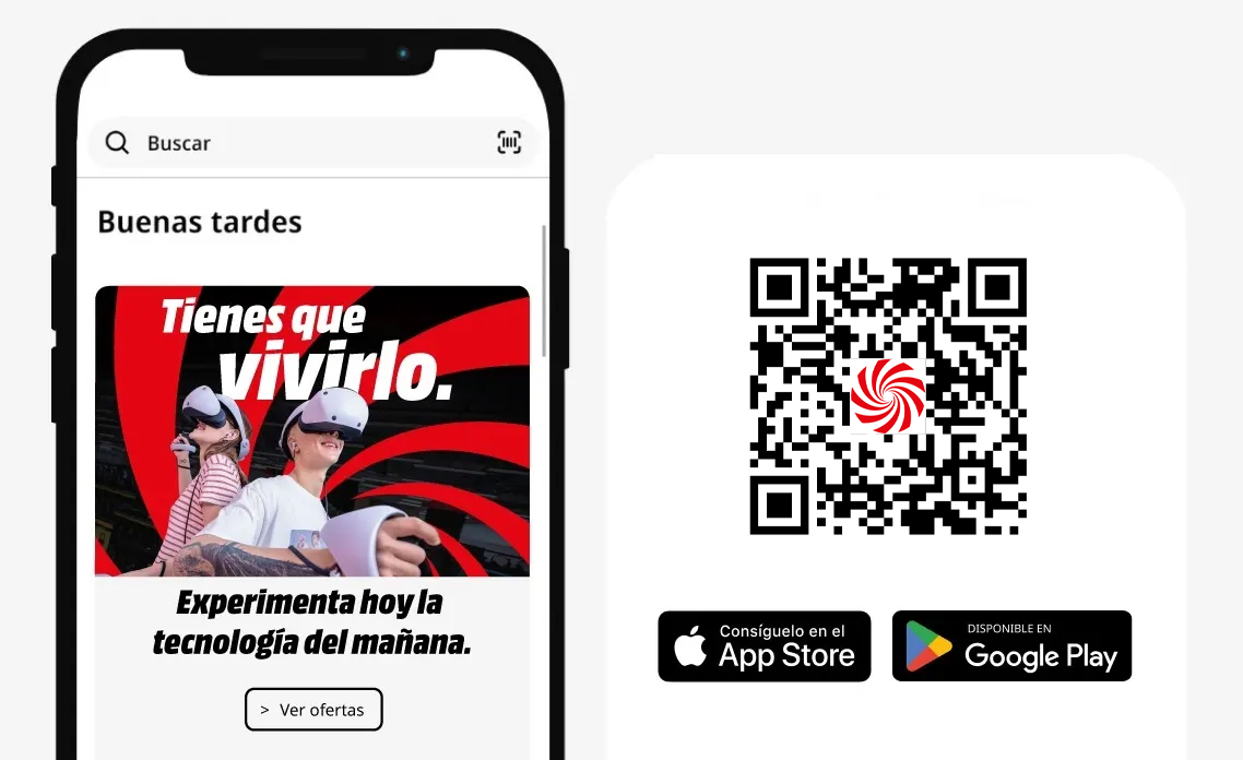 Teléfono móvil que muestra una aplicación con un anuncio de realidad virtual junto a un código QR para escanear.